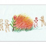 A therapeutic drawing by former Filipino "comfort woman" Rosario depicts soldiers with guns and the aftermath of bombing. (Photo courtesy of Cristina Lope Rosello)