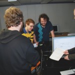 Örjan Sandred teaching in Studio FLAT. Students (l to r): Zach Bales, Troy Jasper and David Betz.