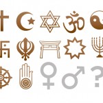 Religious symbols and gender symbols with a question markl