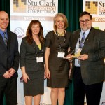Exigence Technologies, left to right: Javier Nudler, Sheri Governo, Patty Rosher, with competition judge Chuck LaFlèche, President & CEO, St. Boniface Hospital Foundation. Missing from the photo is Exigence CEO Zach Wolff, who left the competition early to help his wife deliver their first baby!