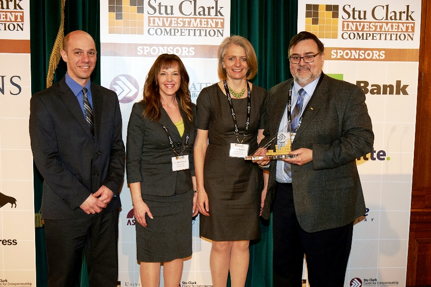 Exigence Technologies, left to right: Javier Nudler, Sheri Governo, Patty Rosher, with competition judge Chuck LaFlèche, President & CEO, St. Boniface Hospital Foundation. Missing from the photo is Exigence CEO Zach Wolff, who left the competition early to help his wife deliver their first baby!