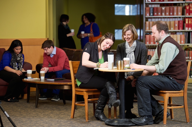 staff gather to discuss issues at the campus coffee shop
