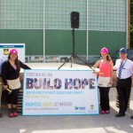 At the Habitat for Humanity build launch in 2014: (left to right), Dean Brian Postl, new homeowner Michelle, Med 2 student Gail Pollard, Dr. Bruce Martin and Habitat for Humanity Manitoba CEO Sandy Hopkins