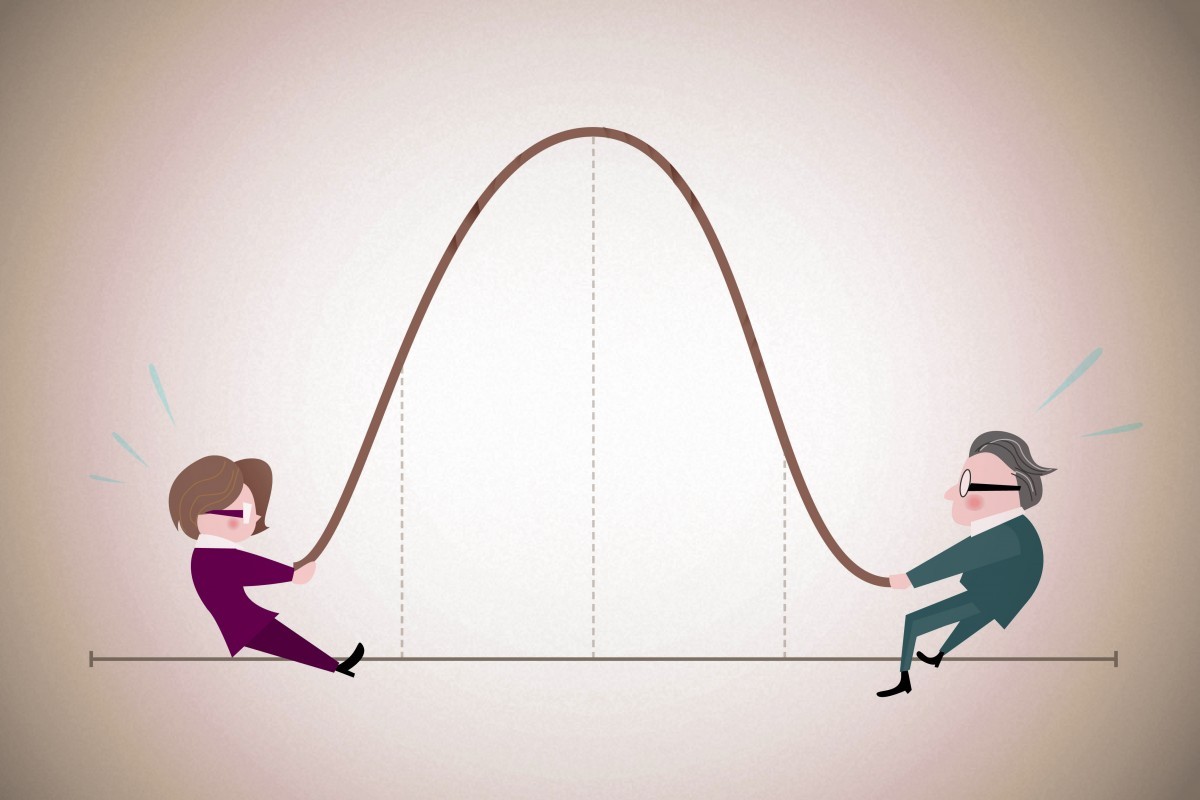 Cartoon versions of mayoral candidates play tug-of-war on a rope that is shaped like a bell curve