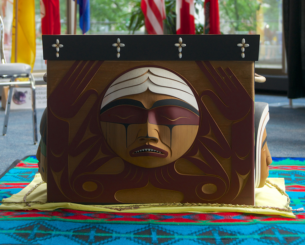 Carved by Coast Salish artist Luke Marston, the TRC Bentwood Box is a lasting tribute to all Indian Residential School Survivors. The box travelled with the TRC to all of its official events. // Photo by Adam Dolman