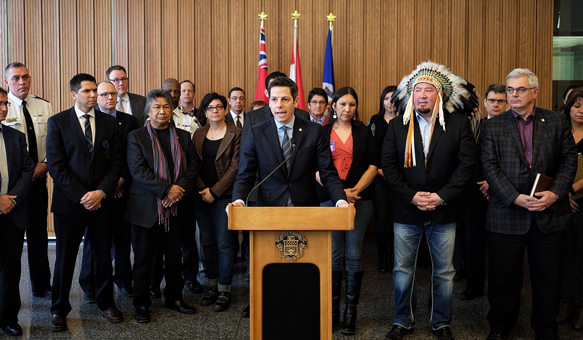David Barnard at city hall with Mayor Brian Bowman in call to end racism in Winnipeg
