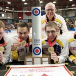 Team Manitoba, 2015 M&M Meat Shops Canadian Juniors gold-medallists, from left, skip Braden Calvert, third Kyle Kurz, second Lucas Van Den Bosch, lead Brendan Wilson. Top, coach Tom Clasper. (Photo, CCA/Michael Burns)
