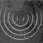 Black and wite map with ripples coming from Winnipeg