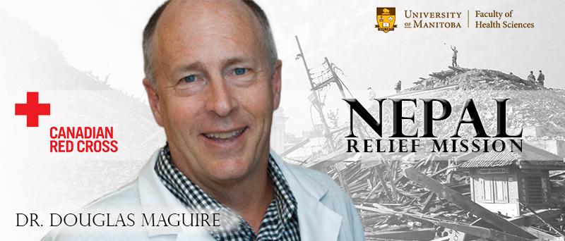 graphic of doctor standing in front of devastated city after an earthquake