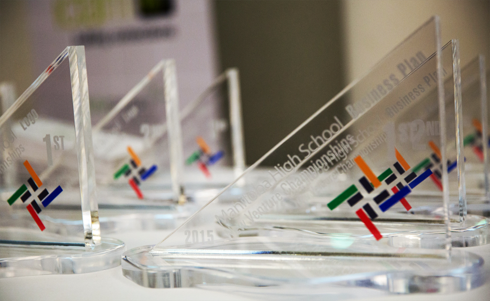 Manitoba High School New Venture Championships trophies