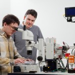 PhD student Ben Bailey-Elkin locates a protein crystal under the microscope