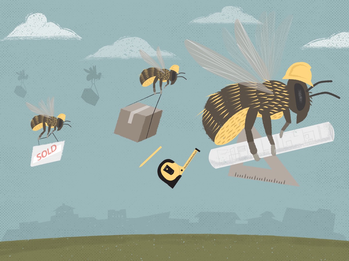 Illustration of bees in hardhats building homes
