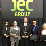 (L-R) Ariadne Valadares (Genome Prairie project manager FiCoGen project), Professor David Levin (UManitoba), Reno Ponterollo (CEO of Genome Prairie), Simon Potter (director of operations, Genome Prairie, Manitoba Office), Shawna DuCharme (Composites Innovation Centre, principal engineer - product innovation)