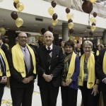 (Far right) Brian Postl, dean, Rady Faculty of Health Sciences & vice-provost (Health Sciences). From left, Dr. Neal Davies, dean of the College of Pharmacy, Dr. Tony Iacopino, dean of the College of Dentistry, Dr. Ernest Rady, Dr. Beverly O'Connell, dean of the College of Nursing, Acting Dean of the College of Rehabilitation Sciences Donna Collins. // Photo by David Lipnowski