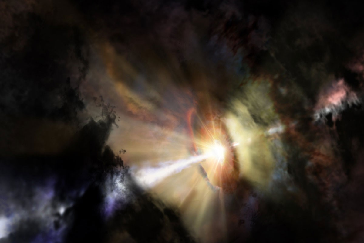 Deep in the heart of the Abell 2597 Brightest Cluster Galaxy, astronomers see a small cluster of giant gas clouds raining in on the central black hole. They were revealed by the billion light-year-long shadows they cast toward Earth. These ALMA data present the first observational evidence for predicted "chaotic, cold" accretion on a supermassive black hole. Credit: NRAO/AUI/NSF; Dana Berry / SkyWorks; ALMA (ESO/NAOJ/NRAO)