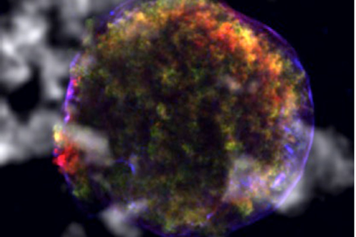 Figure 1 Tycho’s supernova remnant in a molecular cloud bubble. Grey: molecular gas traced by carbon monoxide emission observed with IRAM 30m telescope (credit: P. Zhou); color: X-ray emission observed with the Chandra X-ray Observatory (credit: NASA/CXC/Rutgers/J.Warren & J.Hughes et al.)