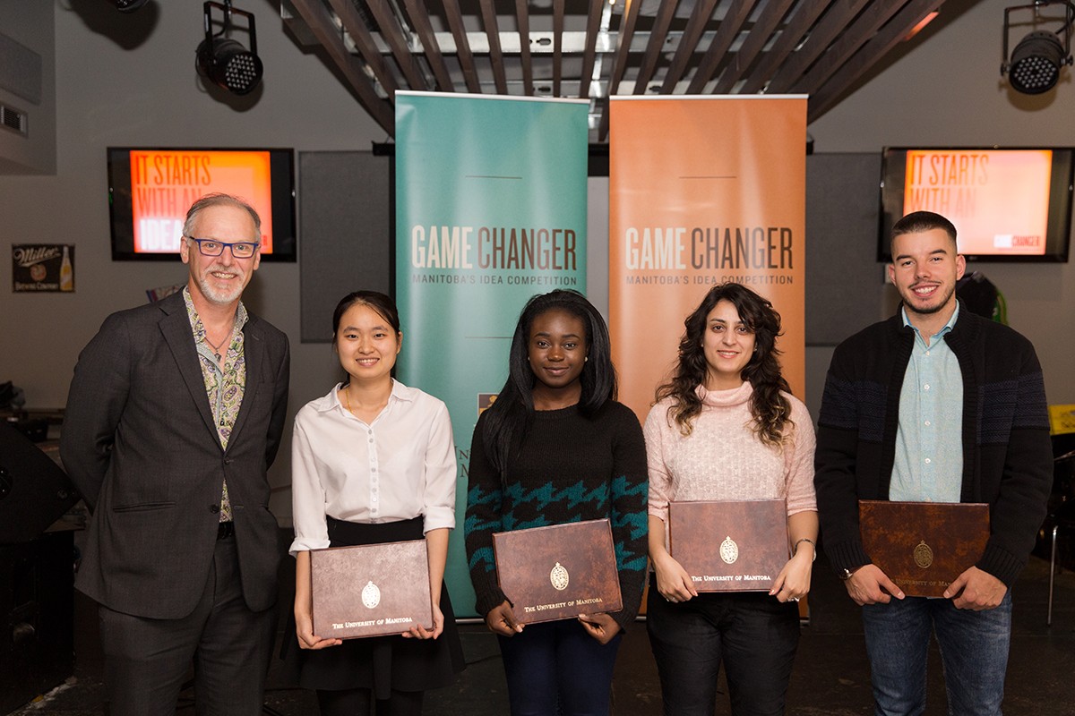 Left to right: Darren Fast, Technology Transfer Office, U of M; and problem winners Hong Ngoc (RRC); Olandunni Olanubi (U of M); Forouz Mahdinezhad (U of M); and Dumitru Ignat (U of M). Not pictured: Avery Simundsson (U of M)