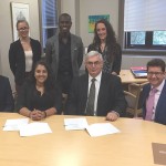 (Back row L-R) UMSU executives Jessica Smith, Wilfred Sam-King, Dara Hallock. ( Front row l-r) UMSU executives Adam Pawlak, Tanjit Nagra, University of Manitoba President David Barnard and Vice-President (External) John Kearsey.