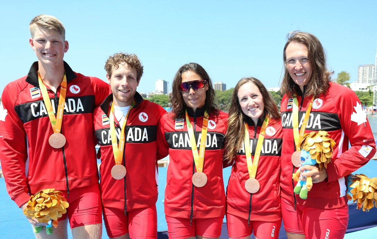 Victoria Nolan, Meghan Montgomery, Andrew Todd, Curtis Halladay and Kirsten Kit win bronze in the LTA mixed coxed four at the Lagoa Stadium at the 2016 Paralympic Games in Rio. Photo Scott Grant/Canadian Paralympic Committee