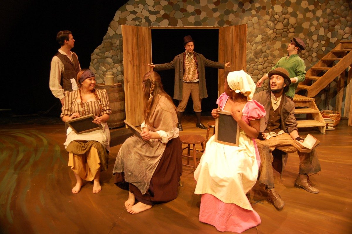 Paul Duncan as Manus, Melanee Deschambeault as Bridget, Becky Zacharias as Sarah, Glorya Thompson as Maire, Ian Bastin as Hugh, Sherab Rabzyor Yolmo as Jimmy and Patrick Bellemare as Doalty IN "TRANSLATIONS" // PHOTO CREDIT: BLACK HOLE THEATRE COMPANY