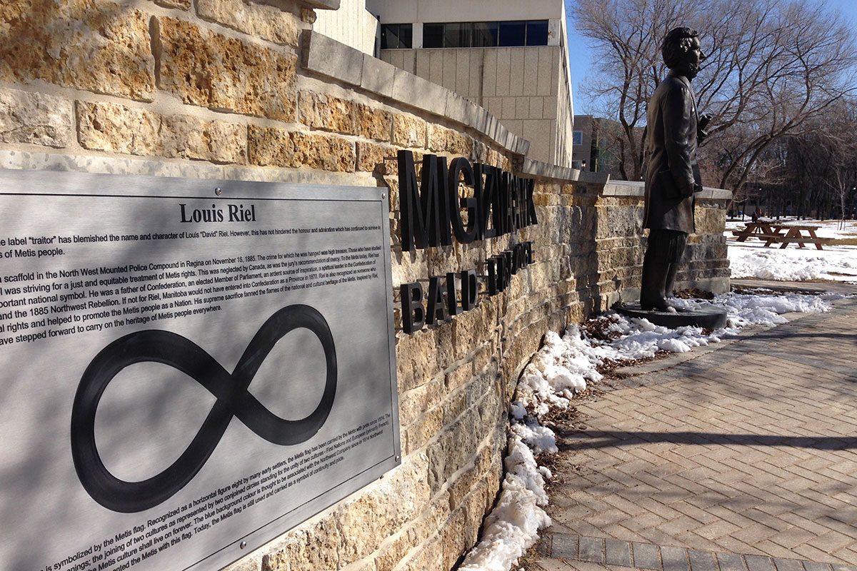 The Louis Riel statute outside Migizii Agamik – Bald Eagle Lodge.