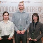 (L-R) Rachel Nickel (winner of People's Choice and Dr. Archie McNicol Prize), Colin Graydon (winner of Third Place Prize), and Alexandra Ciapala (Second Place Prize) at the Three Minute Thesis final on March 8, 2017. // Photo by Mike Latschislaw