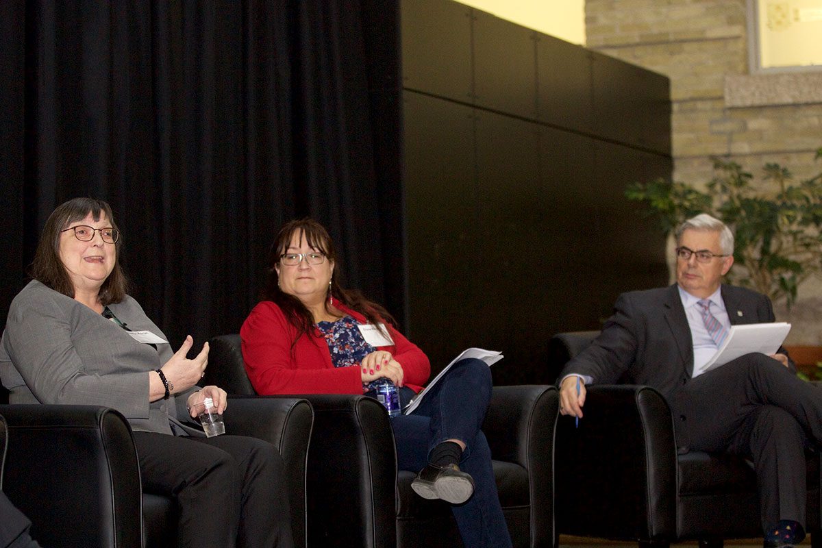 (right to left) President David T. Barnard at Visionary Conversations with panelists Diane Redsky and Evelyn Forget.