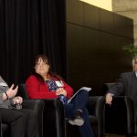 (right to left) President David T. Barnard at Visionary Conversations with panelists Diane Redsky and Evelyn Forget.