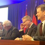 (L-R) R. Jeffrey Orr, member of Power Corporation’s Board of Directors and President and CEO of Power Financial, David Barnard, president of U of M, Paul Mahon, President and CEO of Great-West Lifeco, and Jeff Carney, President and CEO of IGM Financial.