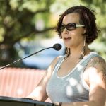 Katherena Vermette speaking at podium