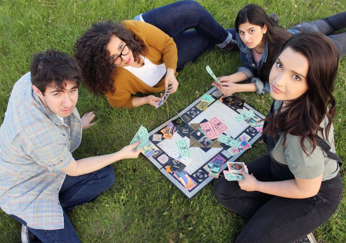 Alumni Elliot Lazar (at left), Julie Lumsden (at right) and Anjali Sandhu (second from right) // Photo from "The Trump Card" courtesy: District Theatre Collective.