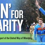 Chilin for Chairty banner, a students in a superman costume jumps into a tiny pool