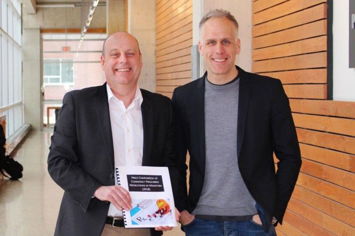College of Pharmacy researchers Shawn Bugden (l) and Jamie Falk (r) priced and catalogued the major classes of drugs that family physicians see every day.