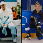 (L-R) Dr. Jacky Baltes at the opening ceremonies for the 1988 Olympic Games in Calgary; Venla Hovi brings her Bison pride, and gloves, to the ice in Pyeongchang. // Photo by @VenlaHovi on Twitter.