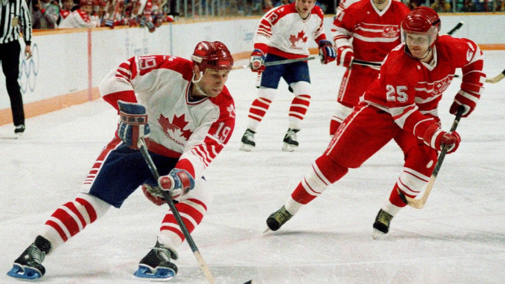 Vaughn Karpan (#19) competes against Russia at the 1988 Calgary Winter Olympics. //Photo from the Canadian Olympic Committee.