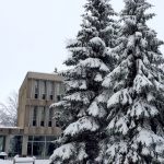 Snowfall on Fort Garry campus outside University College.