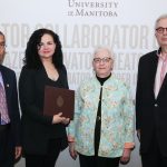 Left to right, Dr. Digvir Jayas, Vice President (Research & International) stands with Dr. Mary J. Shariff, Associate Professor, Faculty of Law, Dr. Juliette (Archie) Cooper, Chair of the Winnipeg Rh Institute Foundation Board, and Dr. David Barnard, President and Vice Chancellor, University of Manitoba.