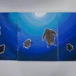 In this collaborative painting, the Manitoba artists chose the Turtle because it represents truth, which is necessary for a peaceful life. Catterie Wood, Jade Larocque, Journey Irvine .