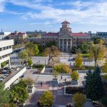 An aerial view of the University campus overlooking the Admin building, taken in Fall 2016.