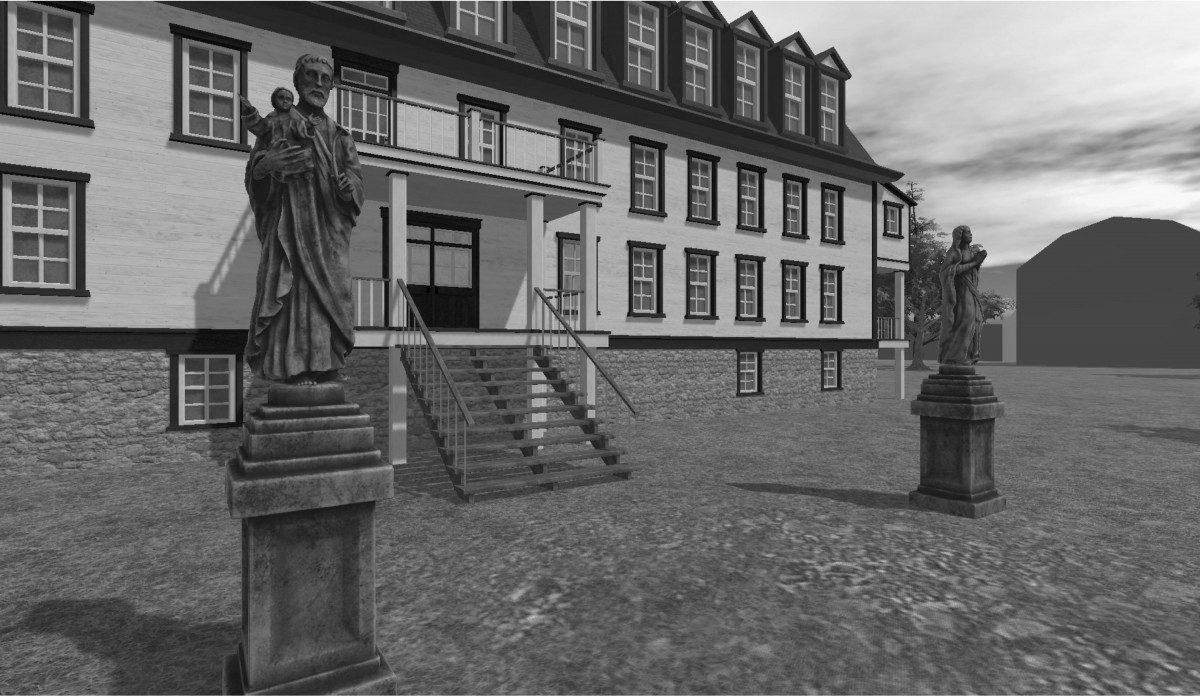 A screen view of Embracing Empathy, a 3-D "storyworld" of a Residential School