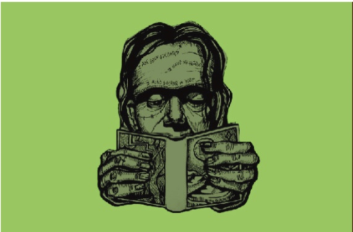 Frankenstein reading a novel