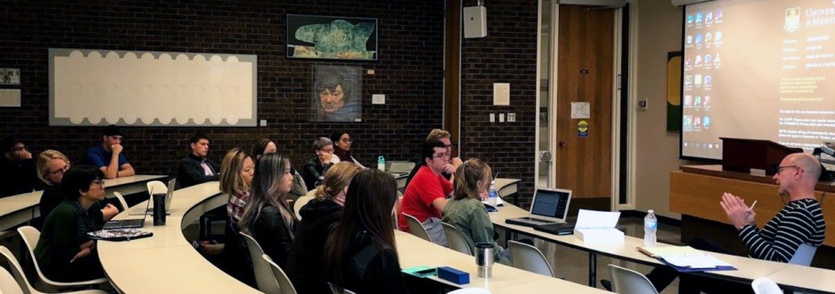 Professor James Hathaway discusses refugee protection with law students at Robson Hall. Photo by Dr. Shauna Labman