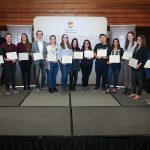 Winners of the Undergraduate Research Poster Competition, with (far right) vice-president (research and international) Dr. Digvir Jayas and (far left) associate vice-president (partnerships) Dr. Jay Doering.