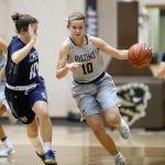 Bison Nicole Konieczny drives against Mount Royal