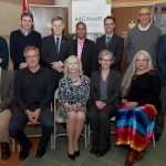 Front row (l-r): Recipients Aaron Marshall, Michael Czubryt, Roberta Woodgate (CRC), Kellie Thiessen and Elder Katherine Whitecloud (Assembly of First Nations) (back row, l-r): Recipients Frank Schweizer and Brian Mark, MP Terry Duguid, UM VP Research & International Digvir Jayas, and recipients Ian Dixon, Leslie Roos and Benedict Albensi.
