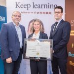 Steve Lupky, Chair, Manitoba Chapter of CIM/Chartered Managers Canada presents Sheila Lapinski, Program Coordinator, and Paul Jenkins, Manager, Delivery, Extended Education with CIMA's CIM accreditation.