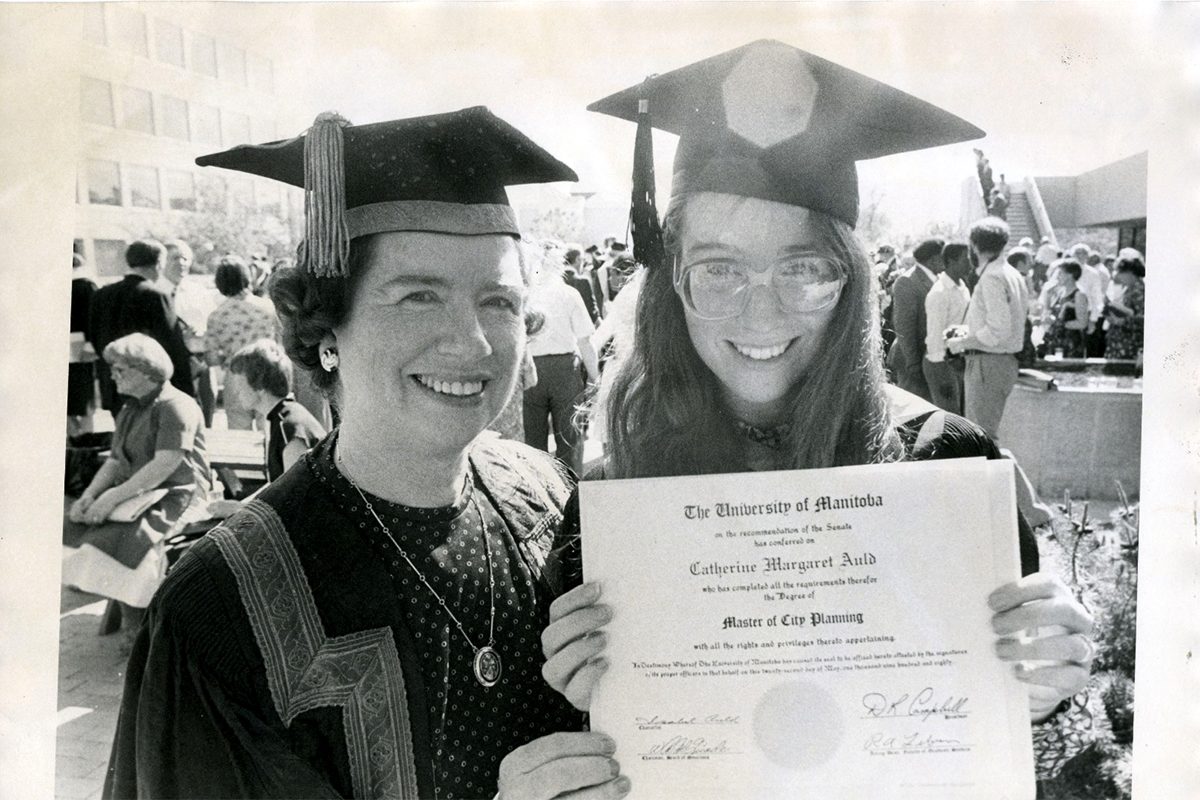 Catherine Auld receives her masters of city planning degree in 1980 from her mother and then-U of M-Chancellor, Isabel Auld. // U of M Archives & Special Collections