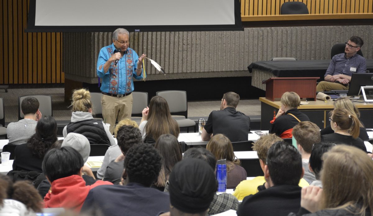 Keynote Speaker Anishnaabe Elder Fred Kelly, speaks to Winnipeg High School Students at the CCLA Borovoy Conference.