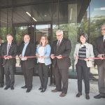 Left to right: Cutting the ribbon on the new Stanley Pauley Engineering Building Dr. Marcia Friesen (U of M), Dr. Digvir Jayas (U of M), Terry Duguid (Parliamentary Secretary & MP for Winnipeg South), The Honourable Kelvin Goertzen (Minister of Education, Province of Manitoba), Sarah Guillemard (MLA for Fort Richmond), President & Vice-Chancellor Dr. David Barnard (U of M), Dr. Zahra Moussavi (U of M), Dr. Jonathan Beddoes (Dean, Faculty of Engineering)