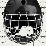 An image of a caged hockey helmet superimposed on a illustrated ice hockey rink